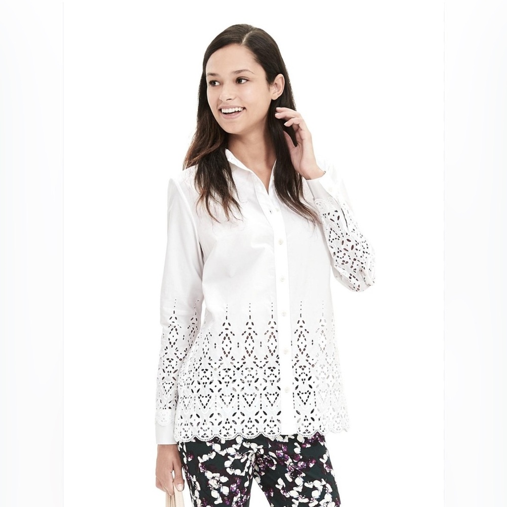 Banana Republic White Long Sleeve Embellished Button Down Shirt